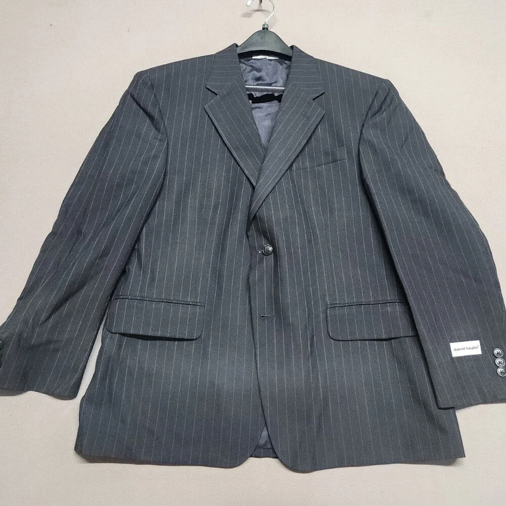 David Taylor 1963 Navy Stripe Suit Coat Mens 44 Short 55% Polyester 45% Wool